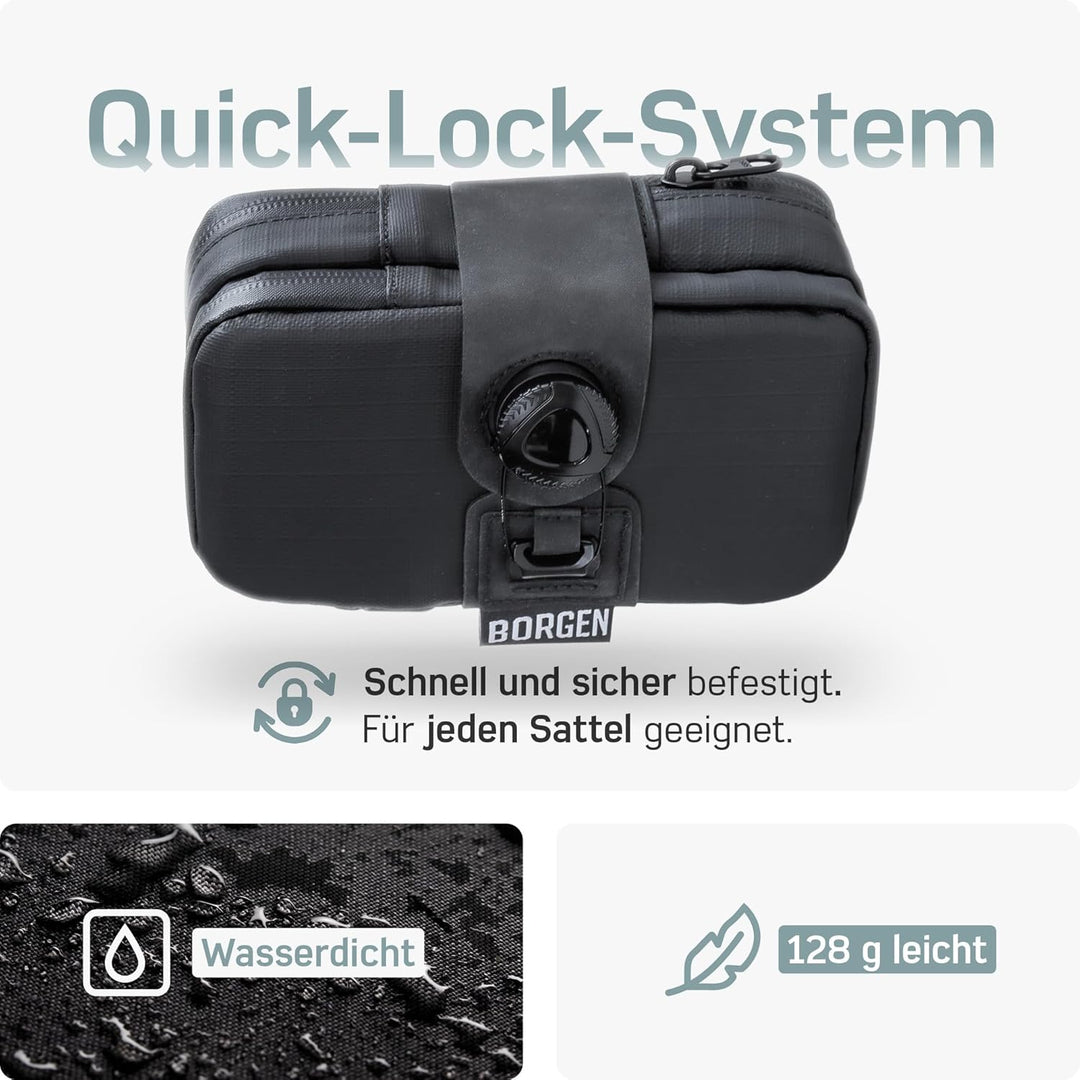 Borgen Satteltasche Fahrrad, schwarz, wasserabweisend, 128g, Grösse L | Mit stabiler Befestigung, re