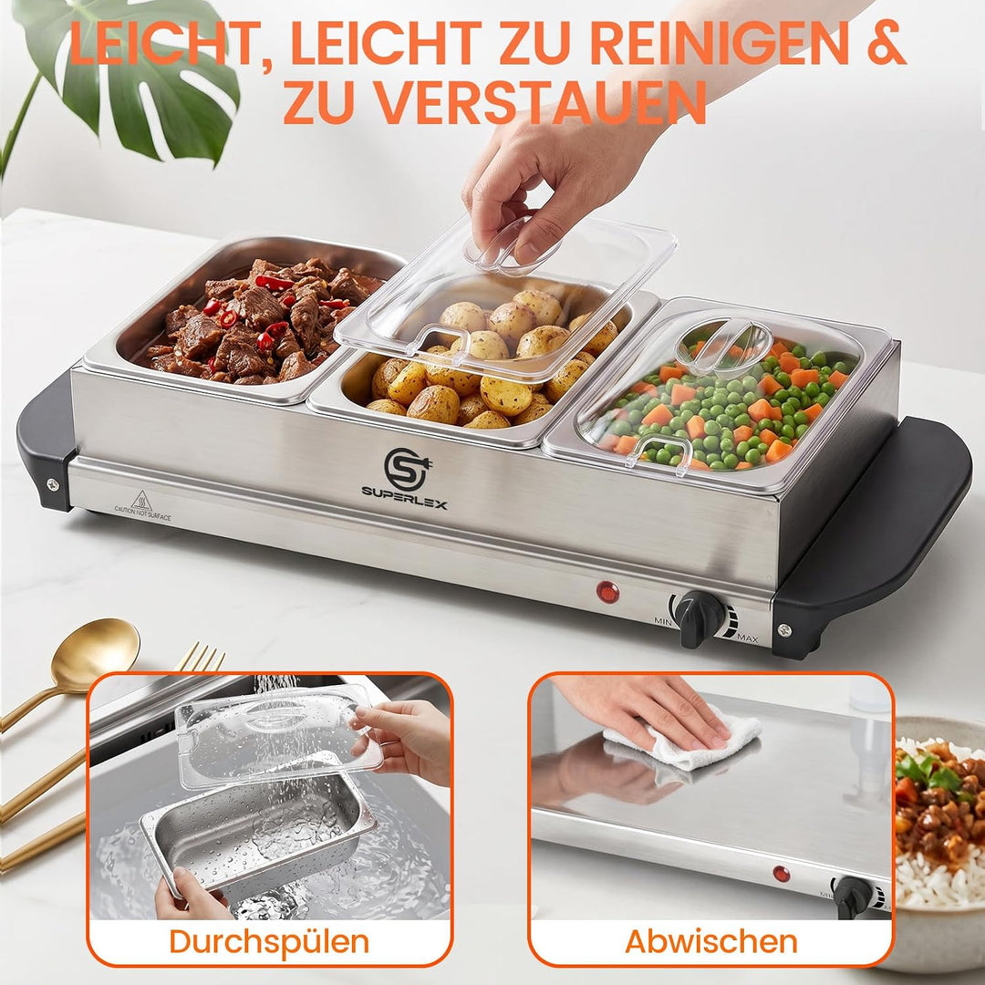 2in1 Warmhalteplatte und Buffetwärmer aus Edelstahl 200W mit 3x1,5L Speisebehältern Gleichmässige Wä