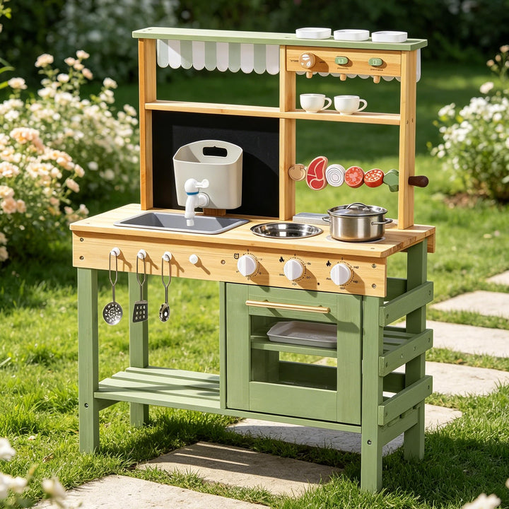 ROBOTIME Mud Kitchen Spielset für Kinder, Deluxe Outdoor-Holzküche mit funktionierendem Wasserhahn,