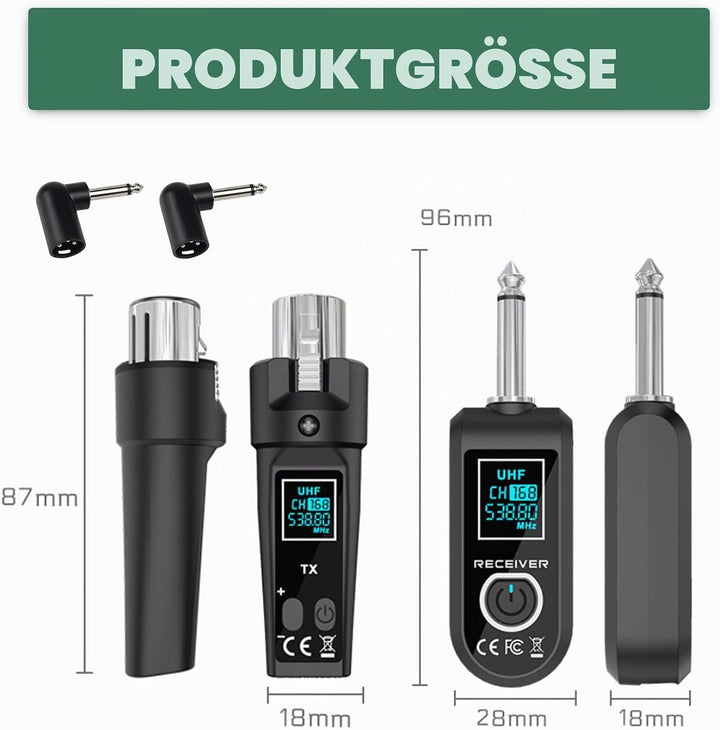 Drahtloses XLR Mikrofon Sender Empfänger, 2.4GHz 1 zu 2 UHF Kabelloses Sender/Empfänger für dynamisc