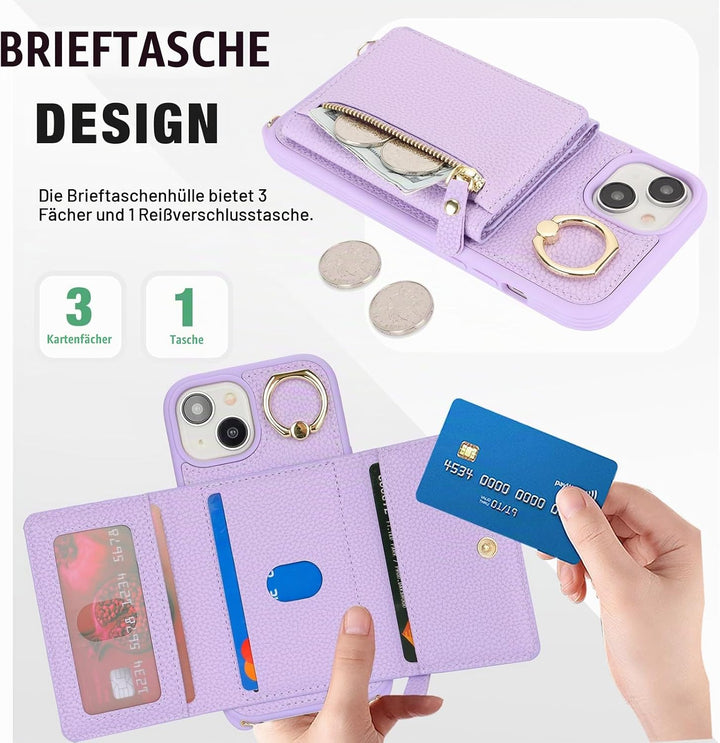 ELTEKER Handyhülle für iPhone 14 Hülle mit Band Kartenfach Ringhalterung Geldbörse,Leder Klapphülle