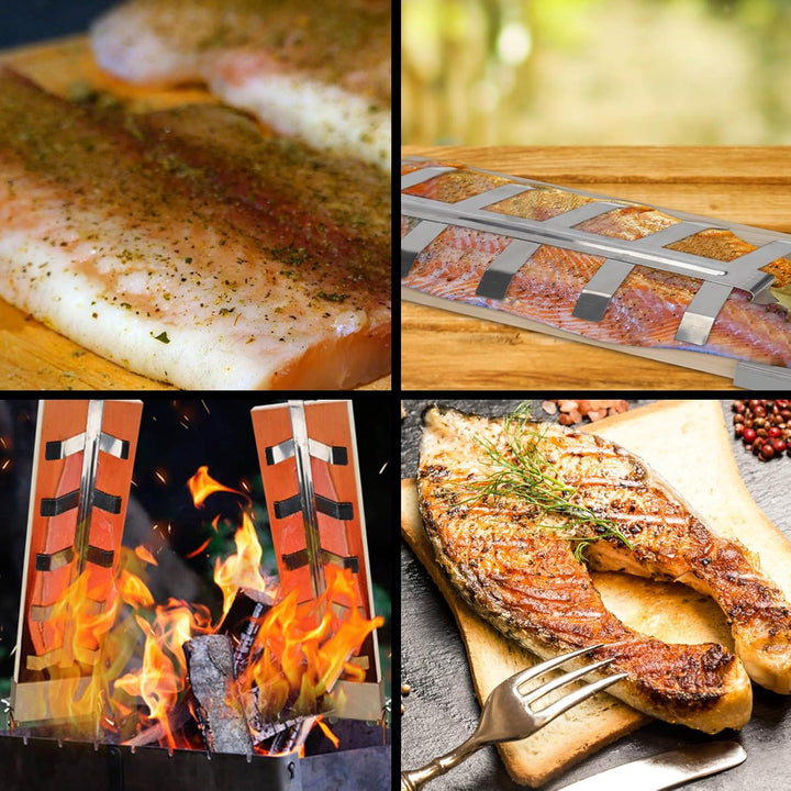 Flammlachsbrett 2er Set, Lachsbretter zum Grillen aus Zedernholz mit Edelstahlhalterung, 5 Winkelstu