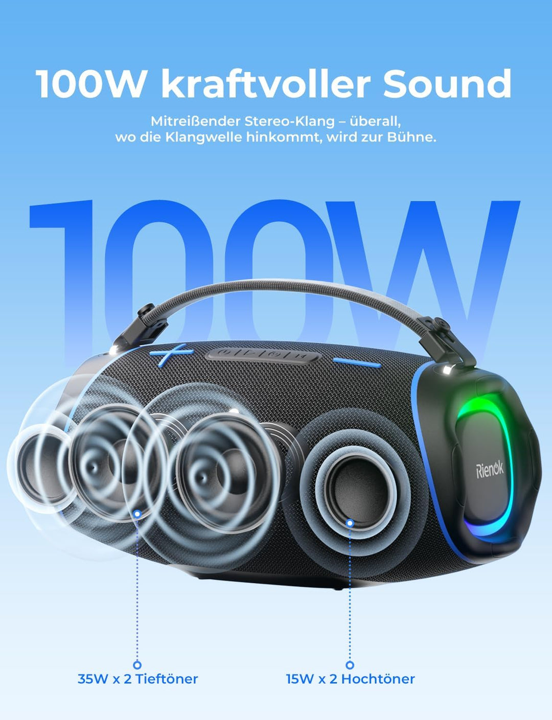 RIENOK 100W Bluetooth Lautsprecher mit 2+2 Channel, 30 Std. Laufzeit Musikbox Support USB TF und AUX