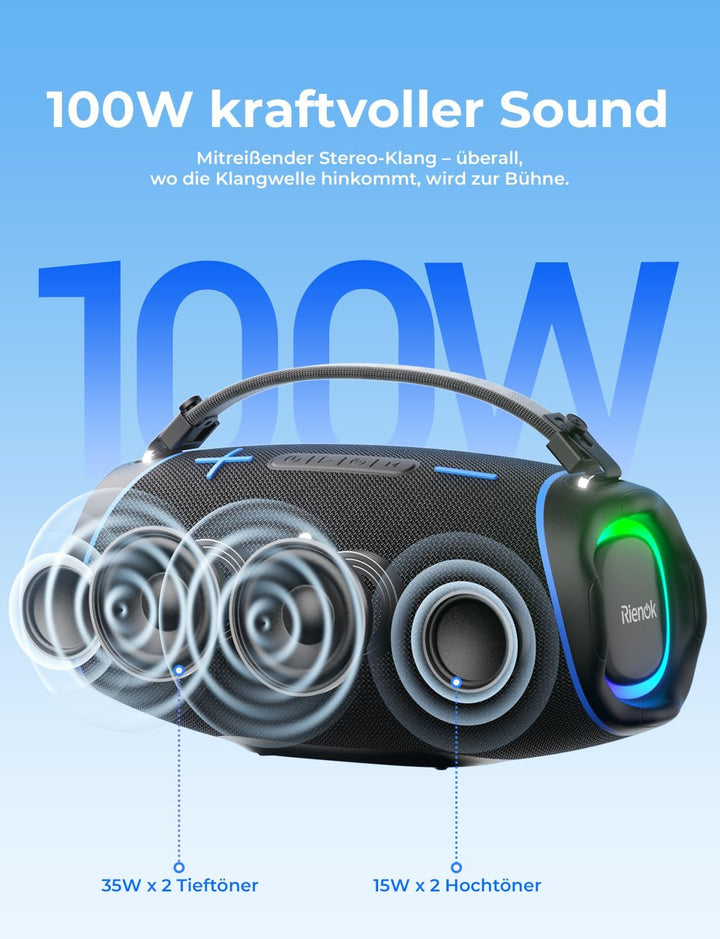 RIENOK 100W Bluetooth Lautsprecher mit 2+2 Channel, 30 Std. Laufzeit Musikbox Support USB TF und AUX