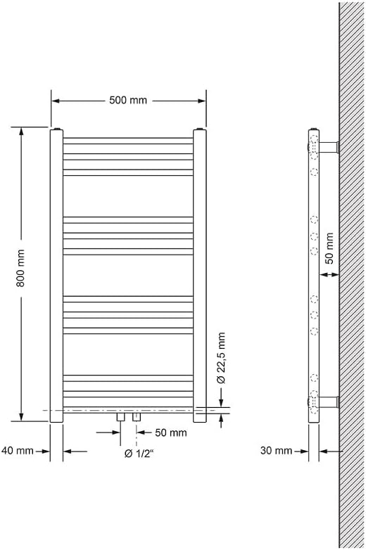 ECD Germany Badheizkörper - 500 x 800 mm - Weiss - gerade mit Mittelanschluss - Heizkörper Handtuchw