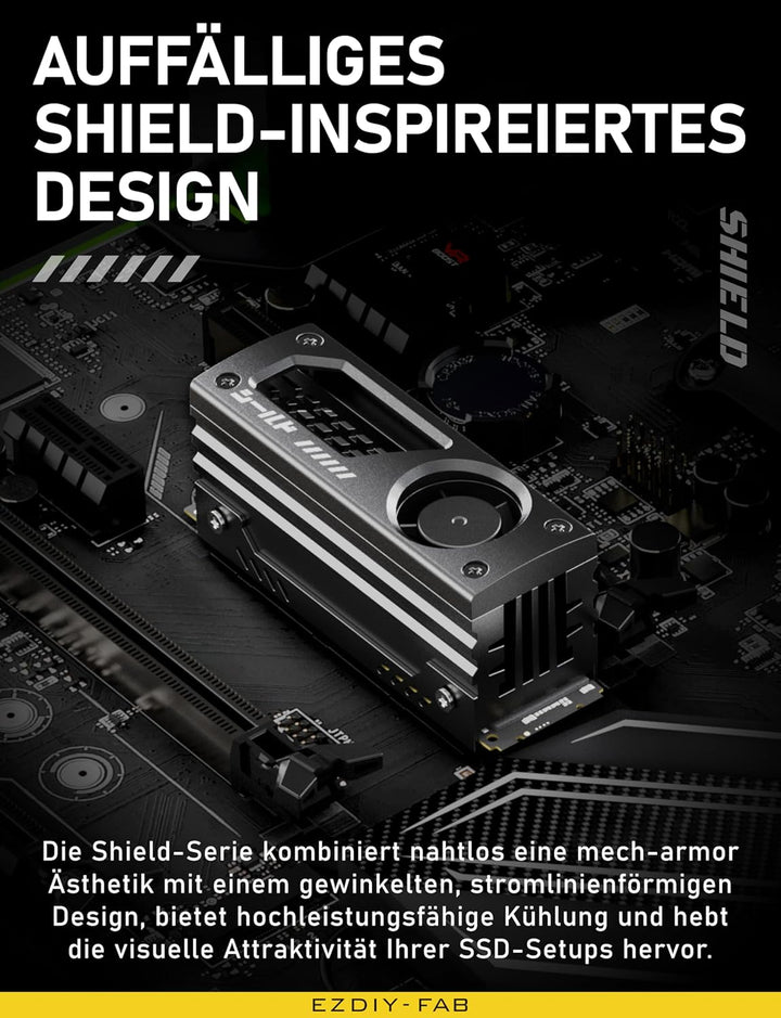 EZDIY-FAB Shield M.2 SSD-Kühlkörper mit eingebautem 20mm PWM-Lüfter, Premium-Aluminium-Design, Hochl