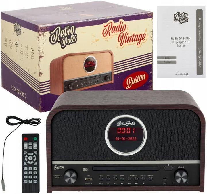 Retropolis Boston Wohnzimmer-Radio – Netzwerk DAB+ DIGITAL AM/FM USB-A Bluetooth CD LED – Vintage De