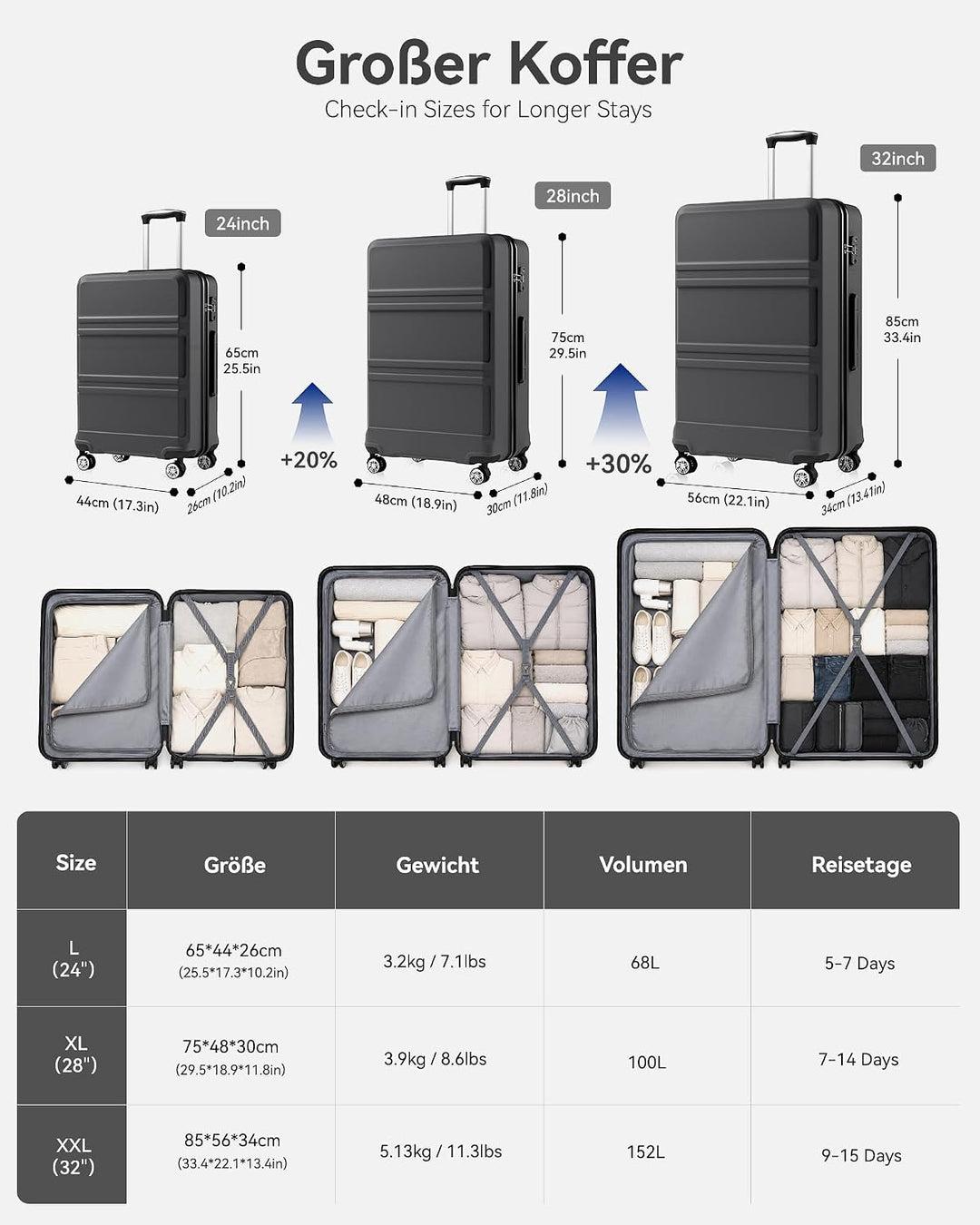 KONO Koffer Trolley Reisekoffer XL (74cm) Schwarz, XL (74cm) Schwarz
