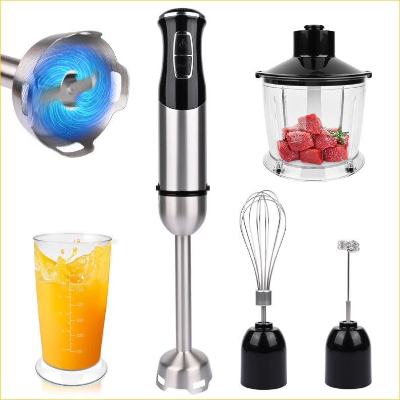 Stabmixer set, 5-en-1 Pürierstab Edelstahl Set,21 Gänge 1000W Milchschäumer Handheld, 600ml Messbech