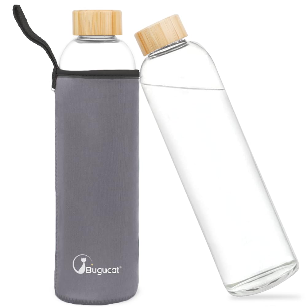 Bugucat Trinkflasche Glas 1L,wasserflasche glas mit Schutzhülle, Glasflasche Wasserflasche aus Boros