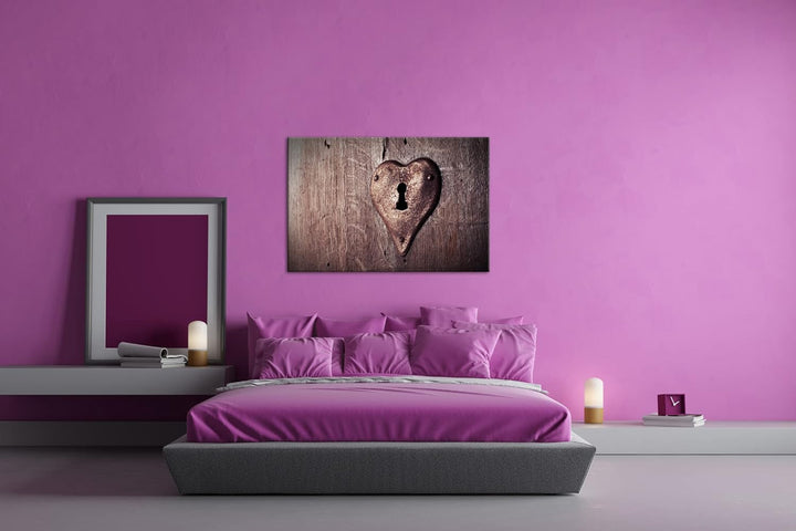 deyoli rostiges Herzschloss an einer Holztür im Format: 80x60 als Leinwandbild, Motiv fertig gerahmt