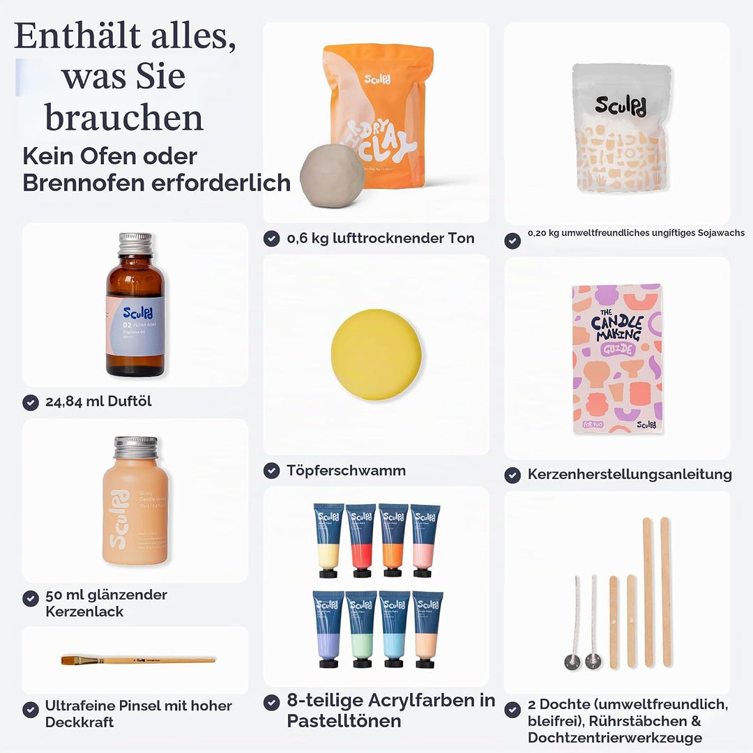 Sculpd Töpferei-Kit zur Kerzenherstellung für Erwachsene mit lufttrocknendem Ton und Acrylfarben-Set