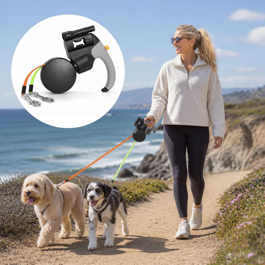 Doppel Rollleine für Zwei Hunde, Hundeleine mit Drehbarer Handschlaufe | rollleine für hunde mit 360
