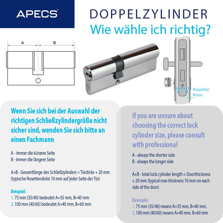 APECS Schliesszylinder Sicherheitsschloss Wohnungstür Doppelzylinder 90 (40/50) mm mit 5 Schlüsseln