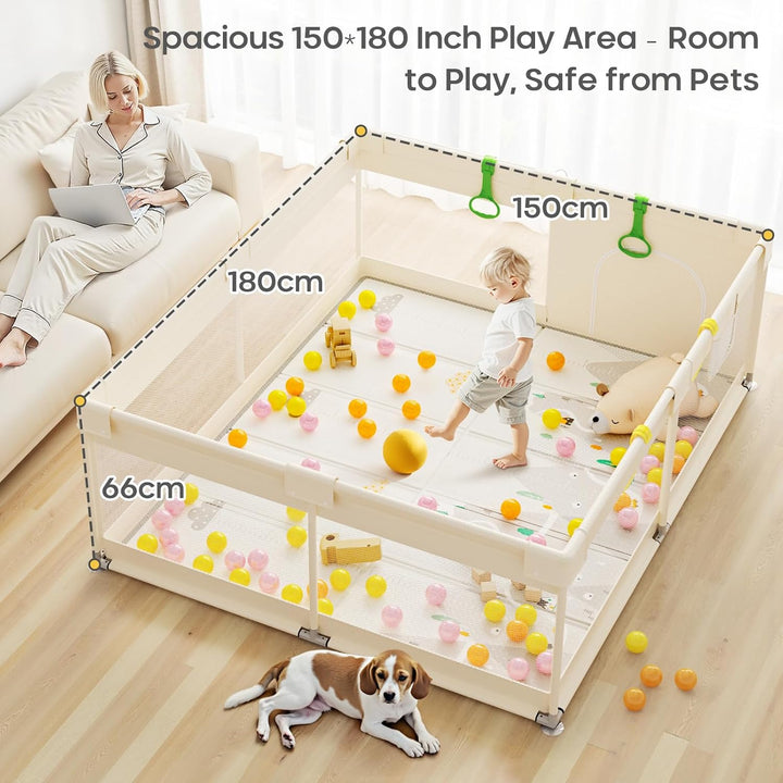 Laufstall Baby mit Matratze - 150×180cm Grosser Baby Laufstall mit Netzseiten, Laufstall XXL mit rut