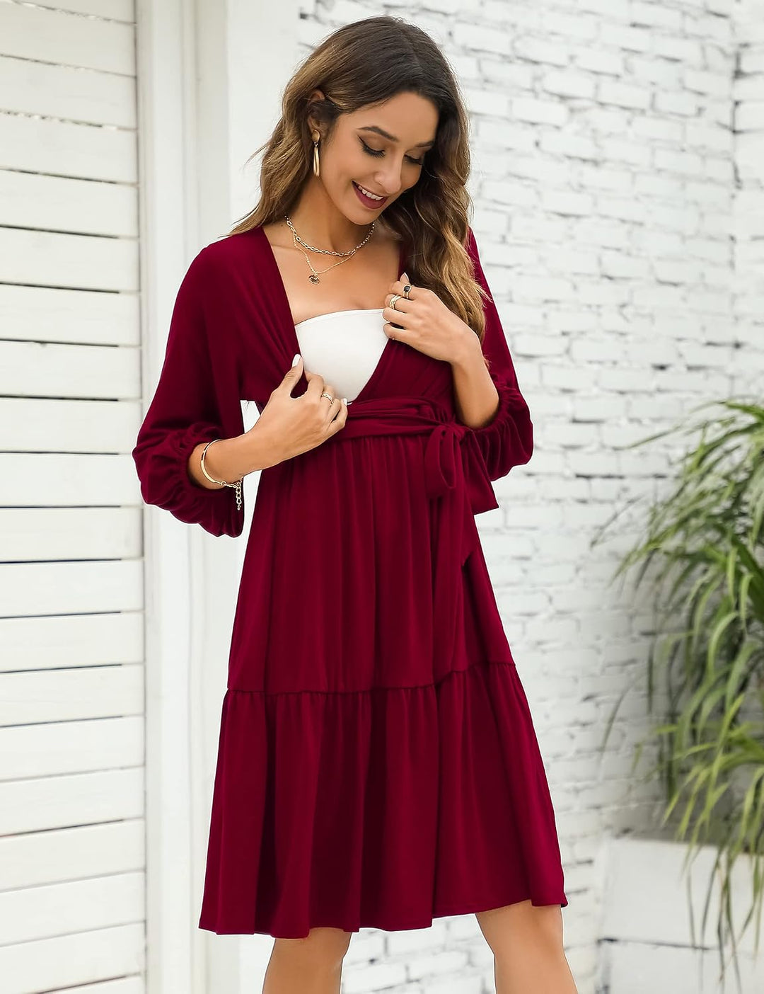 KOJOOIN Damen Umstandskleid V-Ausschnitt 3/4 Ärmel Stillkleid Rüschen Schwangerschafts Kleider mit G