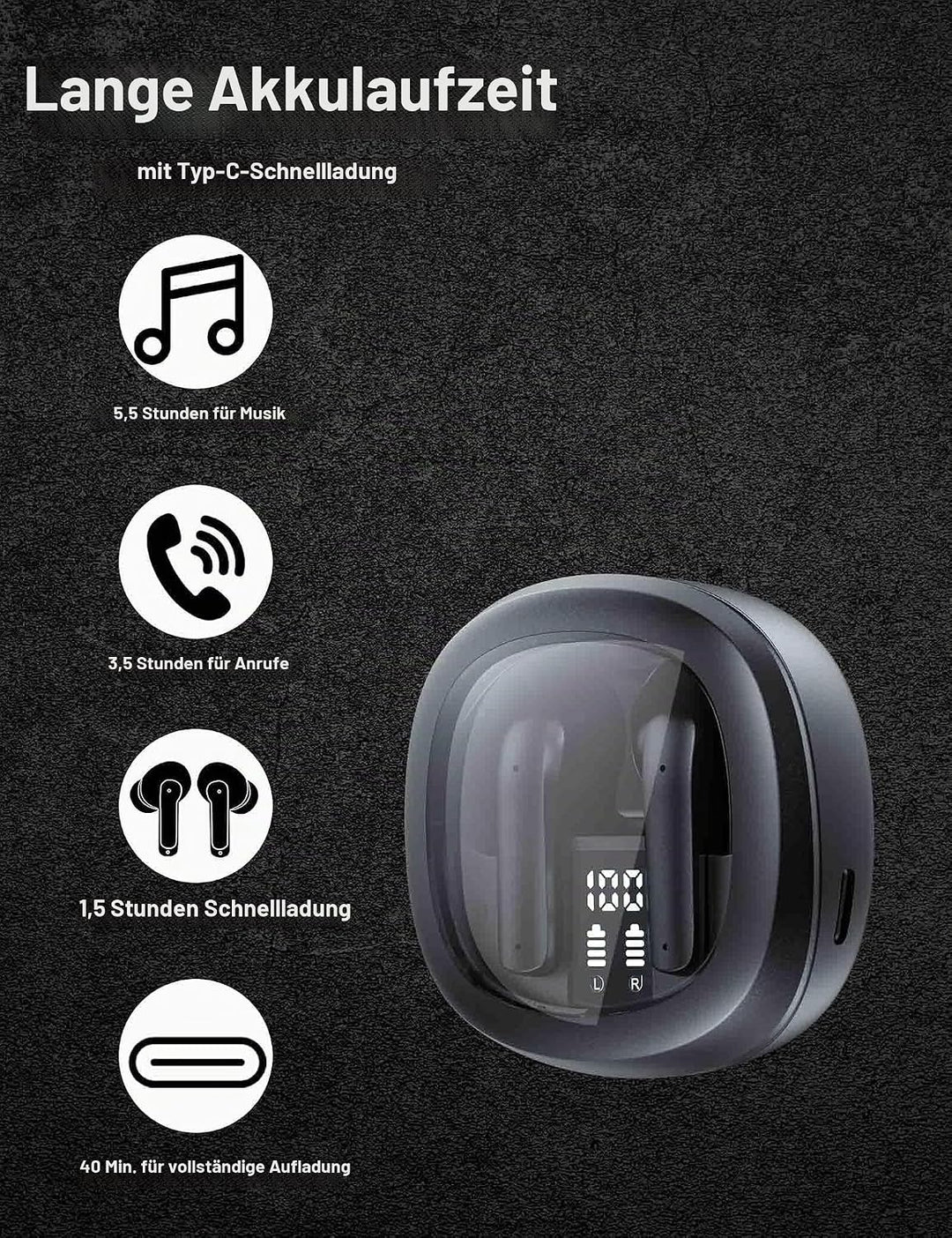 Kopfhörer Kabellos für iPhone 17 Pro Max 14 13 Pixel 9a 8 8a,In Ear Kopfhörer Kabellos Bluetooth 5.3