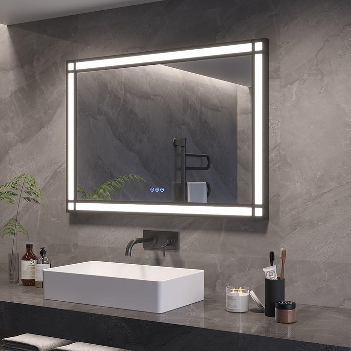 AQUABATOS Badspiegel mit Beleuchtung Schwarzer Rahmen Fensteroptik 100x70cm, Badezimmerspiegel Beleu