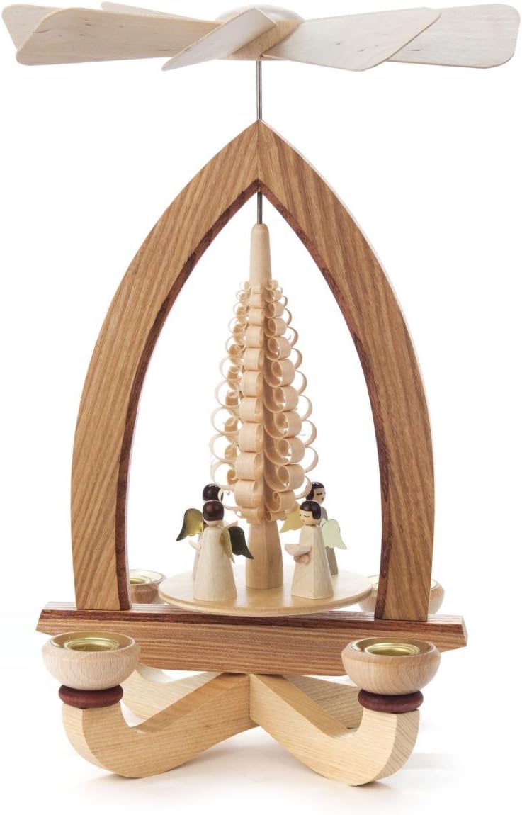 DREGENO Seiffen Pyramide mit Engeln für Kerzen, Holz, Natur, 19 x 19 x 25 cm