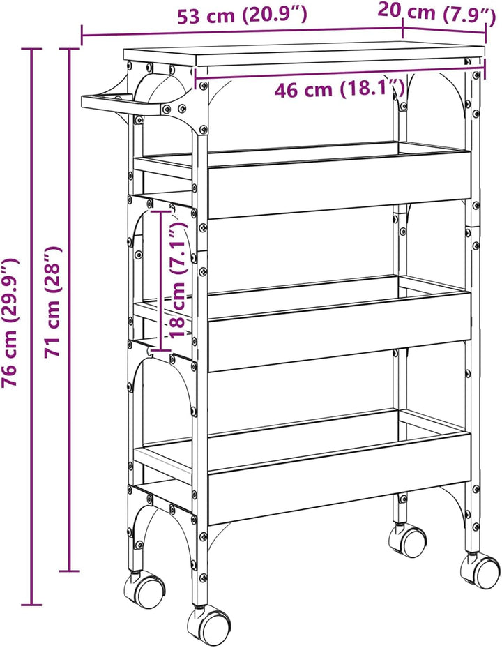 vidaXL Küchentrolley Schwarz Eichen-Optik 53 x 20 x 76 cm, Küchenwagen, mobiles Teil, robuster Wagen