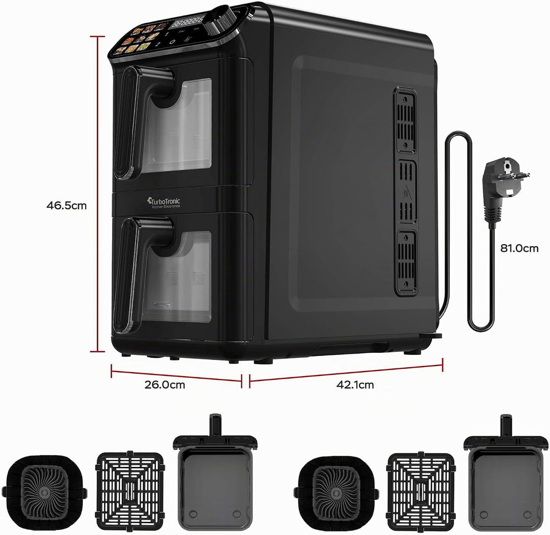 TurboTronic Heissluftfritteuse XXL – 11 L vertikale Doppelkammer Heissluftfritteuse 2 × 5,5 L DualZo