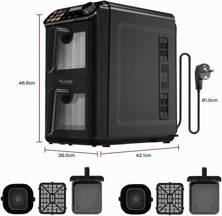 TurboTronic Heissluftfritteuse XXL – 11 L vertikale Doppelkammer Heissluftfritteuse 2 × 5,5 L DualZo