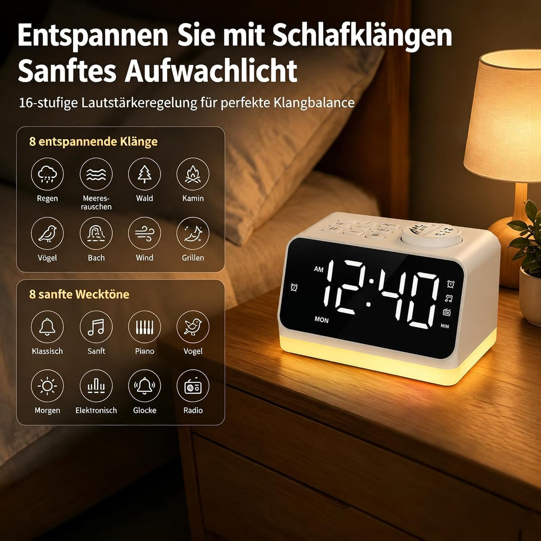 Digitaler Radiowecker für das Schlafzimmer – 8-farbiges Nachtlicht (0-100% dimmbar), Doppelalarm mit