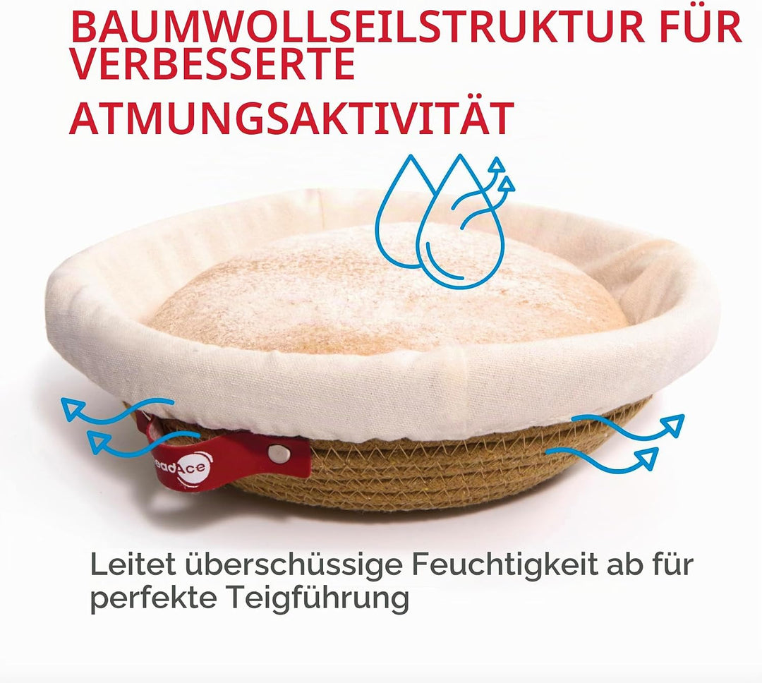KneadAce Banneton Brotgärkorb-Set aus Baumwollseil, 2 x runder Brotkorb mit Einlagen und Abdeckungen