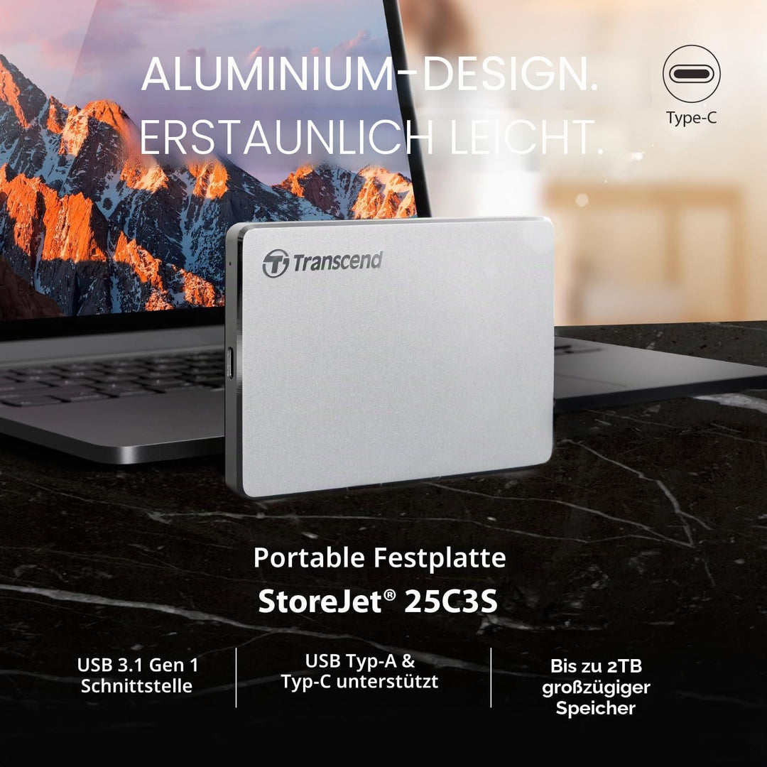Transcend 2TB USB 3.1 Gen 1 USB Type-C StoreJet 25C3S SJ25C3S externe Festplatte TS2TSJ25C3S, 2TB