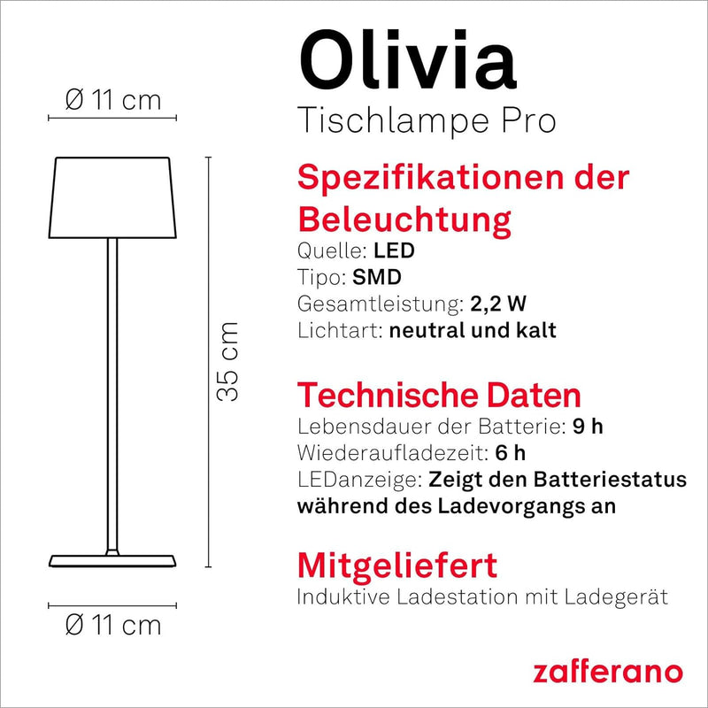 Zafferano - Olivia Pro Kabellose LED-Tischleuchte aus Aluminium, dimmbar, IP65-Schutz, Indoor/Outdoo