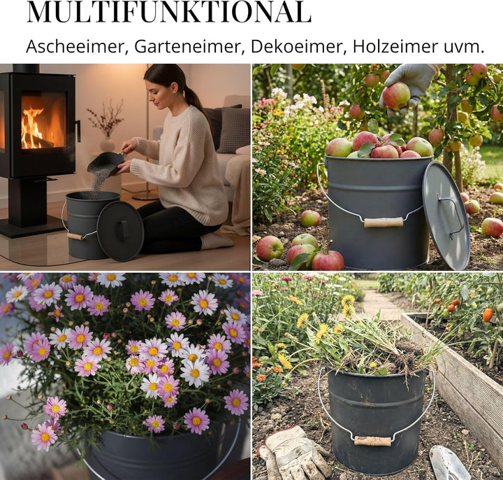 LIVLIG Premium Ascheeimer mit Deckel 12L Anthrazit, verzinkter Eimer mit Deckel für Moderne Kamine,