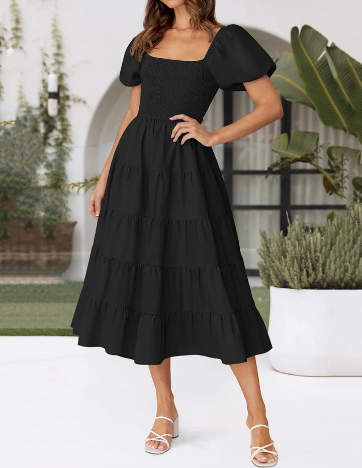 ZESICA Damen-Sommerkleid, eckiger Ausschnitt, Kurze Puffärmel, einfarbig, hohe Taille, lässig, flies