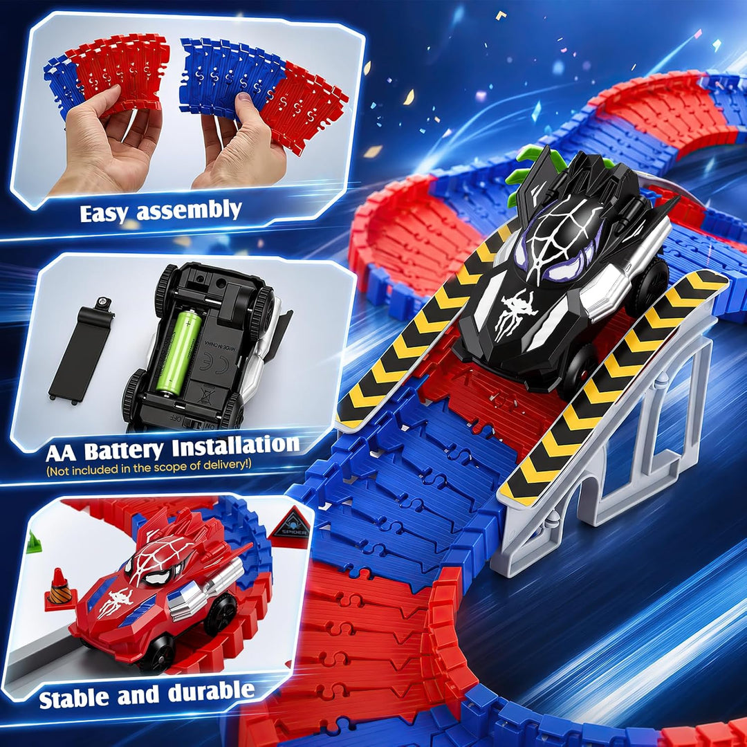 Spider Autorennbahn Set mit 2 Elektroautos, 212PCS Flexibles Auto Rennbahn Spielzeug, Kinder Weihnac