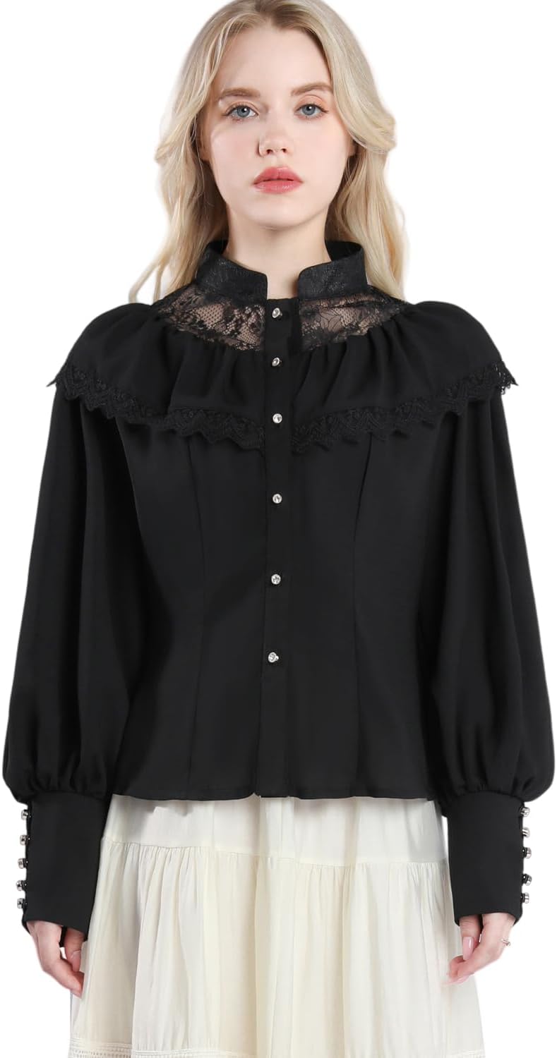 Fiamll Damen Viktorianisch Bluse Vintage Schleifenhemd Stehkragen mit Rüschen Langarmshirt Mittelalt