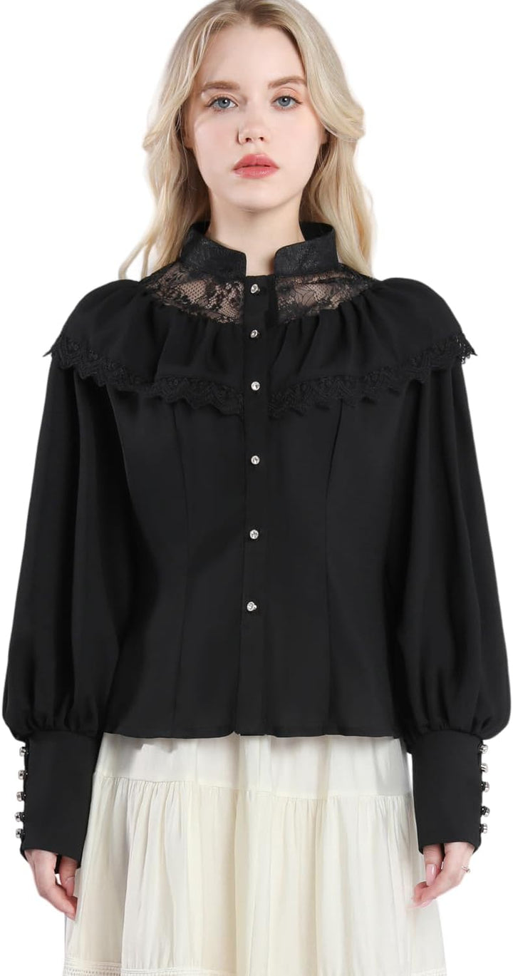Fiamll Damen Viktorianisch Bluse Vintage Schleifenhemd Stehkragen mit Rüschen Langarmshirt Mittelalt