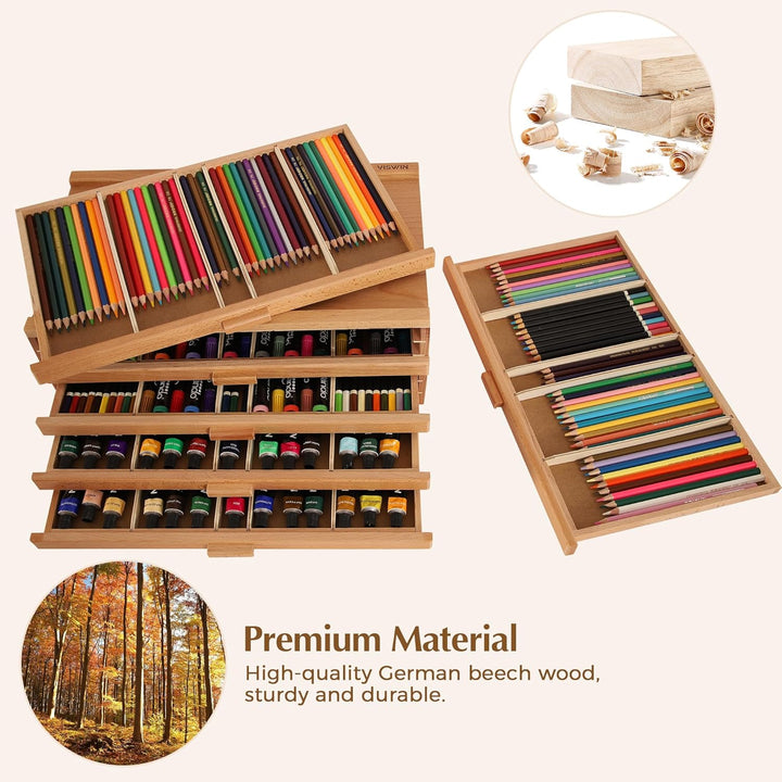 VISWIN 6-Schublade Holz Künstler Supply Storage Box mit abnehmbaren Trennwänden, Premium Buche Holz