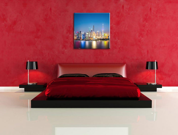Shanghai Skyline, Format: 70x70 auf Leinwand, XXL riesige Bilder fertig gerahmt mit Keilrahmen, Kuns