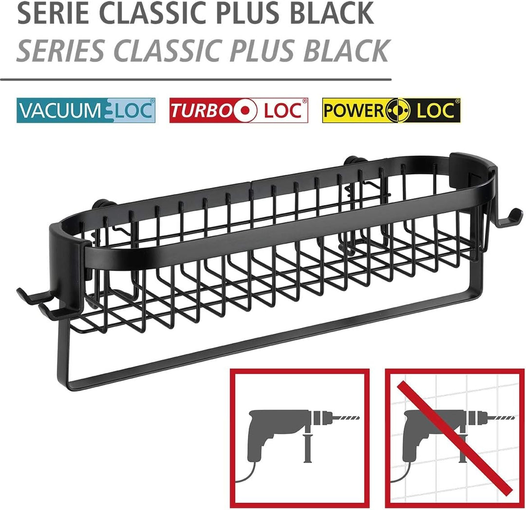 WENKO Wandablage mit Haken Classic Plus Black, Stahl, 35 x 10.5 x 12.5 cm, Schwarz Uno mit Haken Sin