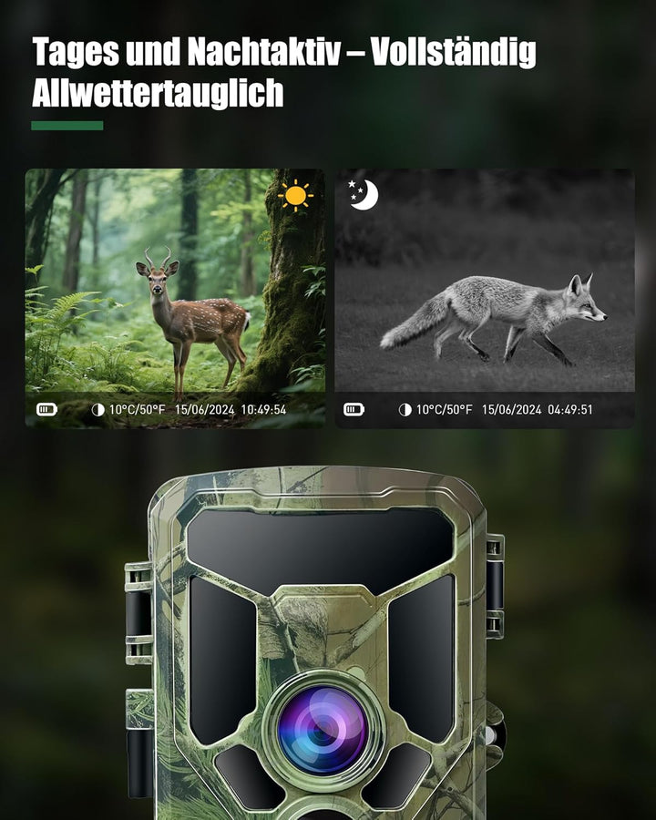 4K WLAN Wildkamera mit App 64MP HD Wildtierkamera mit 940nm Nachtsicht Bewegungsmelder WiFi Jagdkame