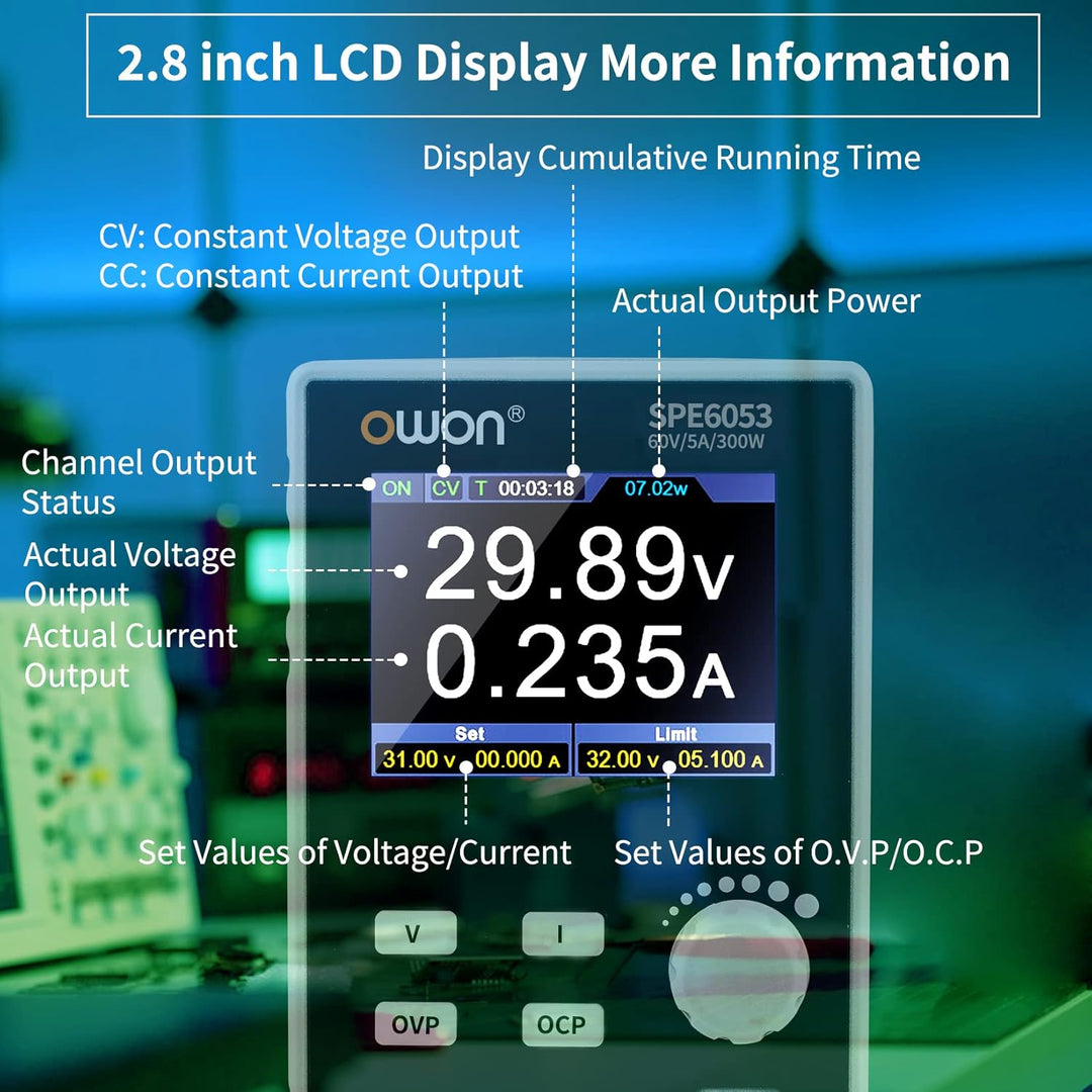 OWON SPE6053 Programmierbares Labornetzteil (0-60 V 0-5 A), 300-W-DC-Netzteil mit 2,8-Zoll-LCD-Displ