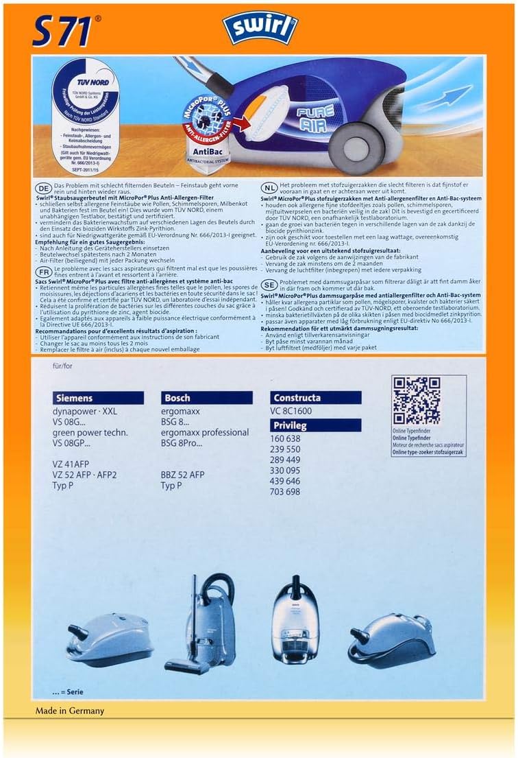 4 Pakete Swirl Staubsaugerbeutel S71 / S 71 MicroPor Plus AirSpace für Siemens Dynapower / Bosch Erg