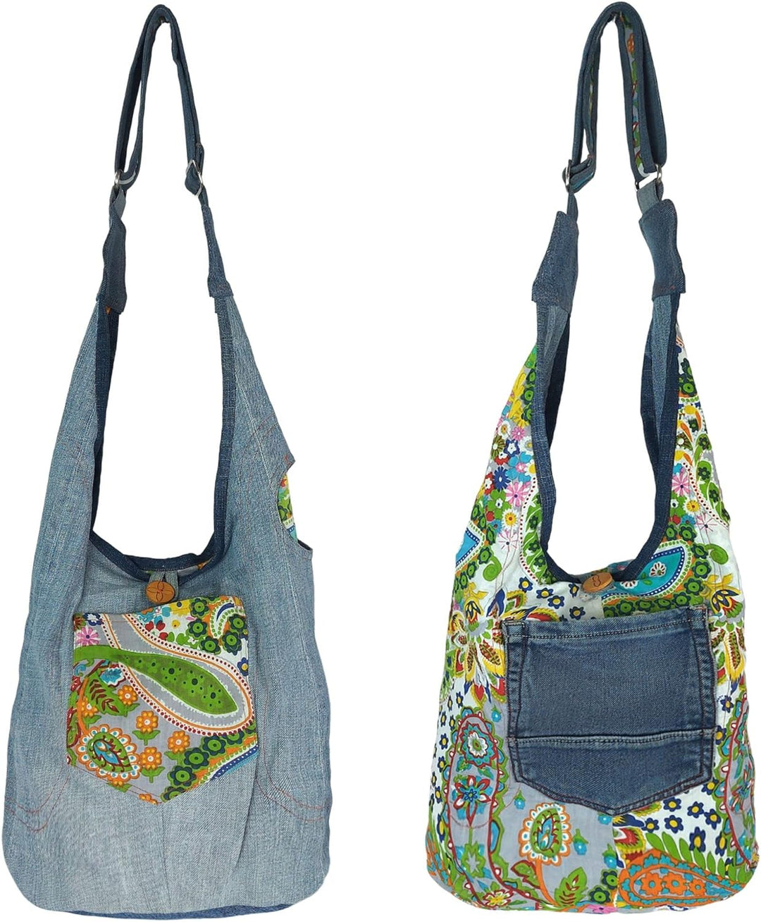 Sunsa Damen nachhaltig Hobo Tasche, Umhängetasche aus recycelte Jeans & Baumwolle. Boho Crossbody Ba