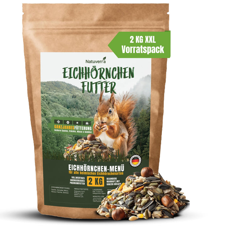 Natuverra Eichhörnchen-Menü 2 kg Premium-Mix aus Saaten, Getreide, Nüssen, Früchten & Gemüse, Protei