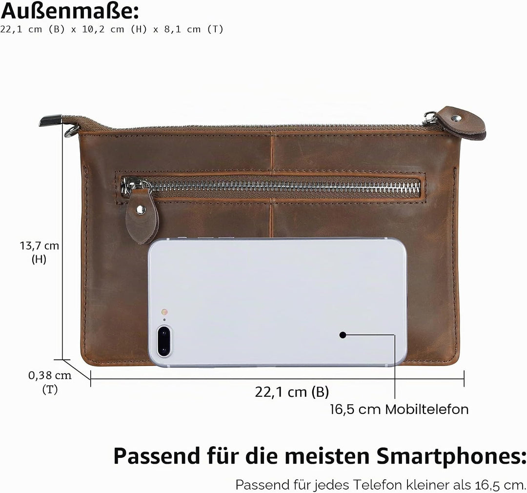 Befen Leder-Clutch, Geldbörse, kleine Umhängetasche für Damen Crazy Horse Leder - Braun, Crazy Horse