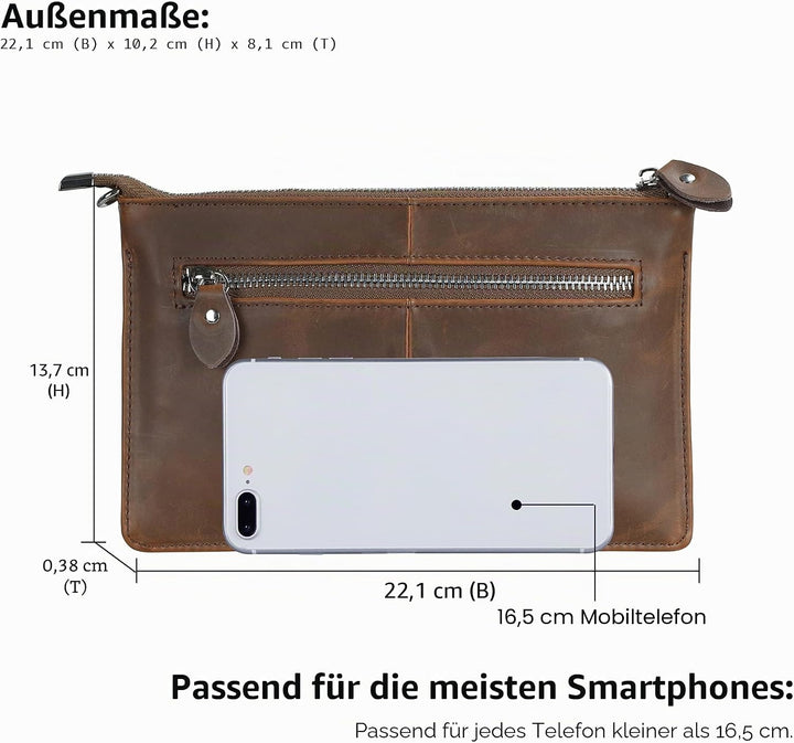 Befen Leder-Clutch, Geldbörse, kleine Umhängetasche für Damen Crazy Horse Leder - Braun, Crazy Horse