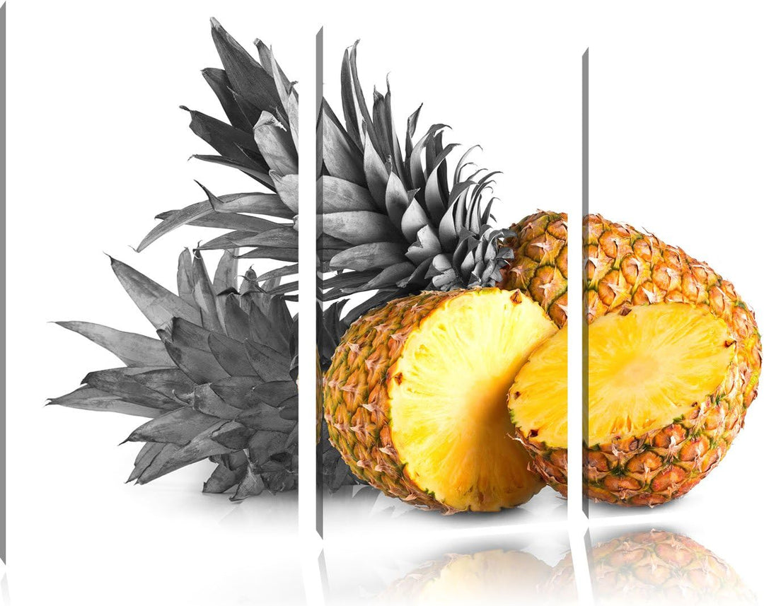 Pixxprint Frische Ananas Schwarz/Weiss 3-Teiler Leinwandbild 120x80 Bild auf Leinwand