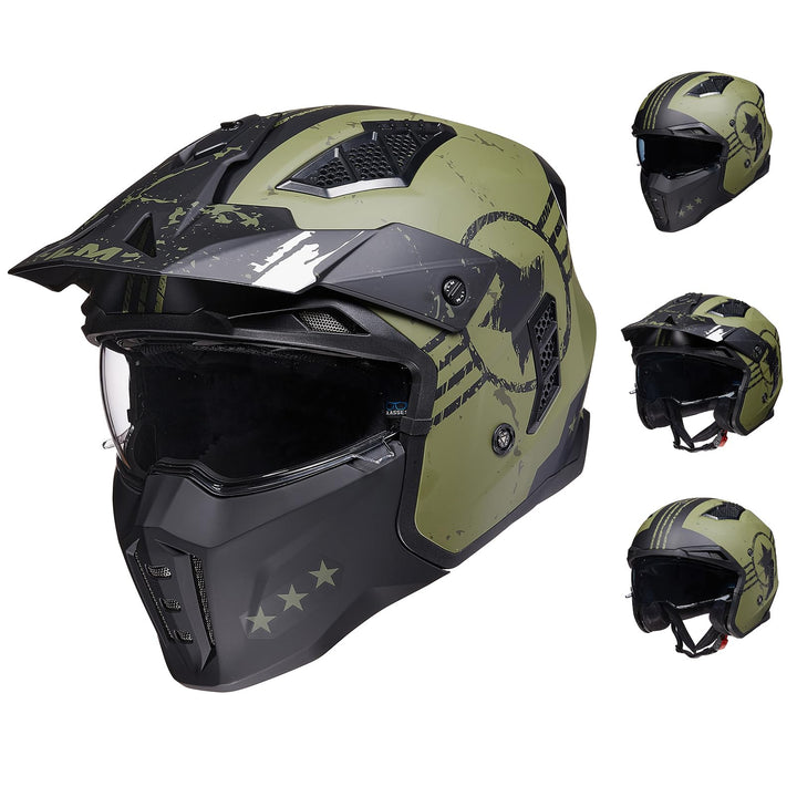 Helm Motorrad Motocross Herren Damen Vintage Retro mit Visier ECE Model Z302,Armee Grün, XL, XL Arme