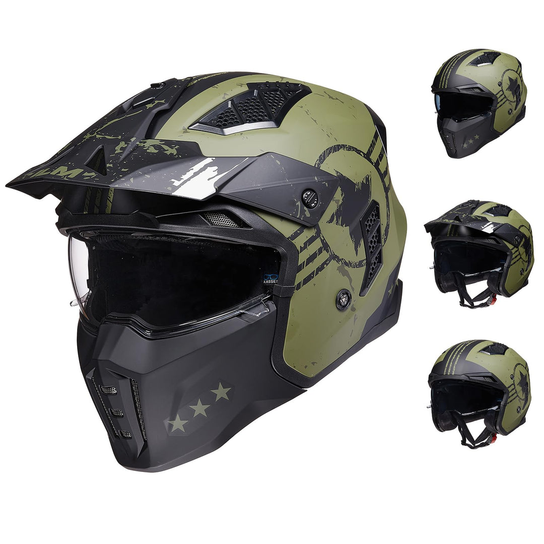 ILM Helm Motorrad Motocross Herren Damen Vintage Retro mit Visier ECE Model Z302,Armee Grün, M M Arm
