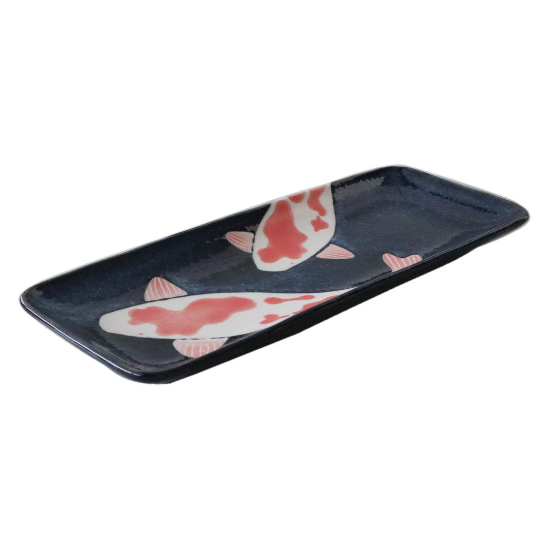 Japanischer Mino-Yaki-Keramik-Sushi-Teller, rechteckiger Teller, 29,5 cm, rote Karpfen auf schwarzer