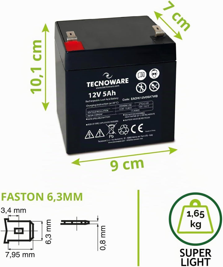 Tecnoware Power Systems - Ersatzbatterie für USV, Videoüberwachung und Alarmsysteme, 12V 5Ah Kapazit